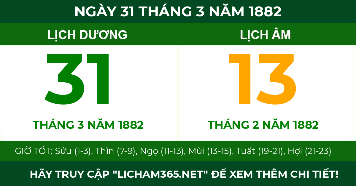 lịch âm ngày 31 tháng 3 năm 1882