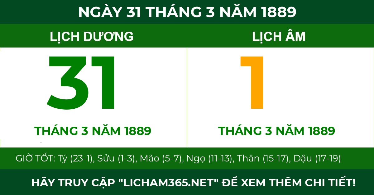 lịch âm ngày 31 tháng 3 năm 1889