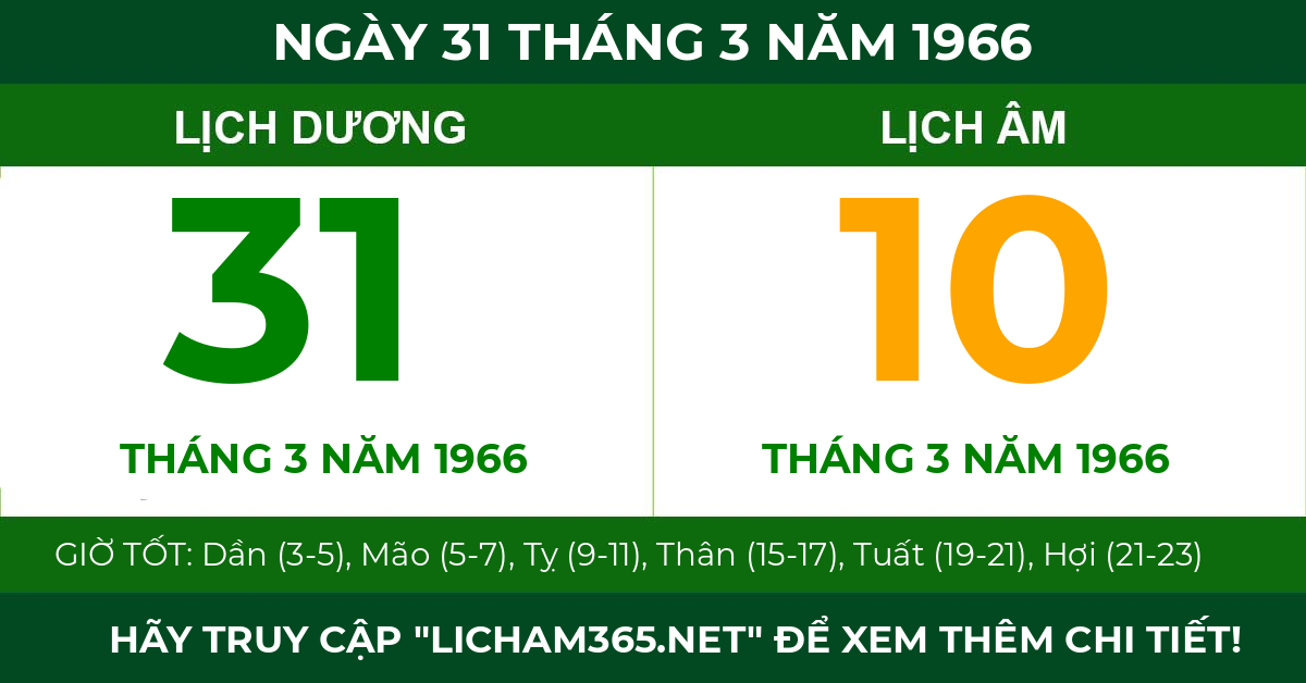 lịch âm ngày 31 tháng 3 năm 1966