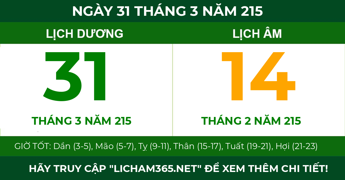 lịch âm ngày 31 tháng 3 năm 215