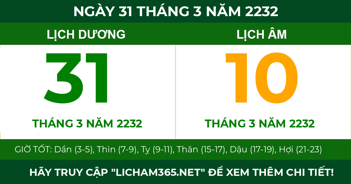 lịch âm ngày 31 tháng 3 năm 2232