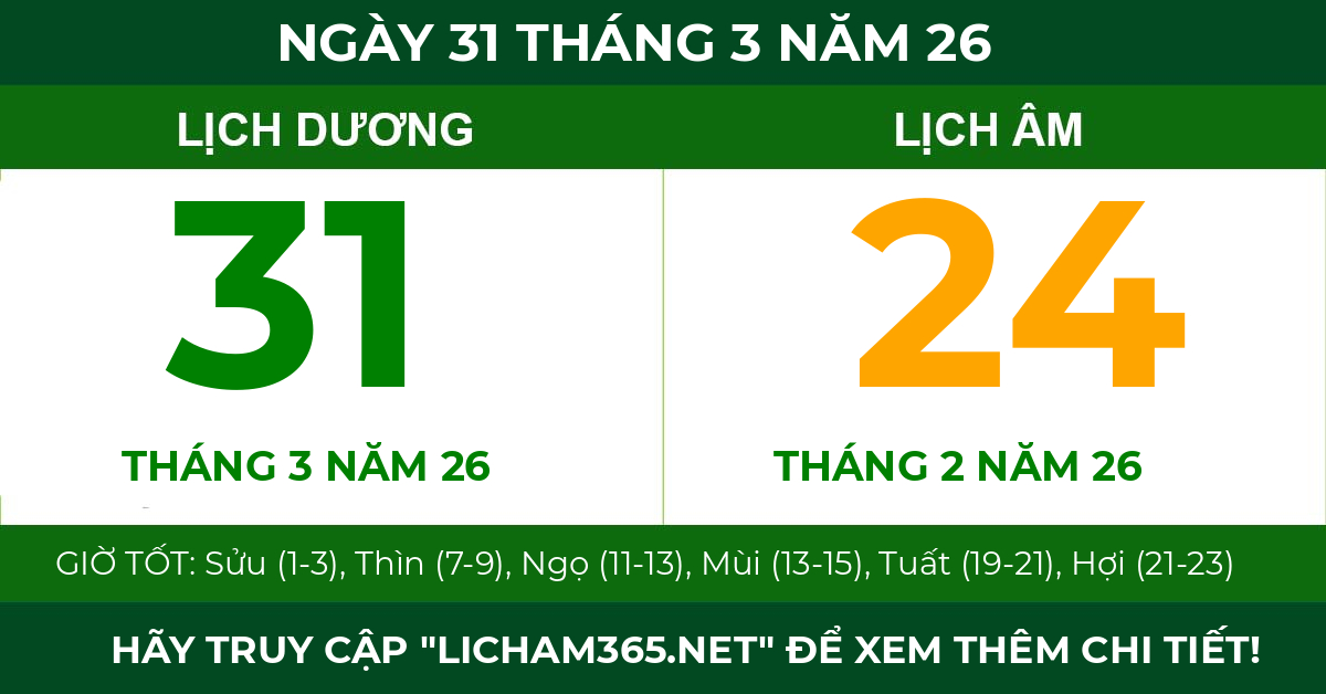 lịch âm ngày 31 tháng 3 năm 26
