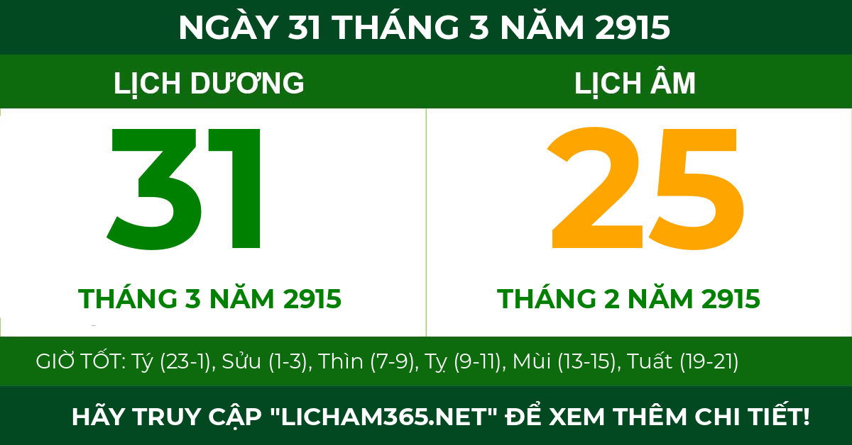 lịch âm ngày 31 tháng 3 năm 2915