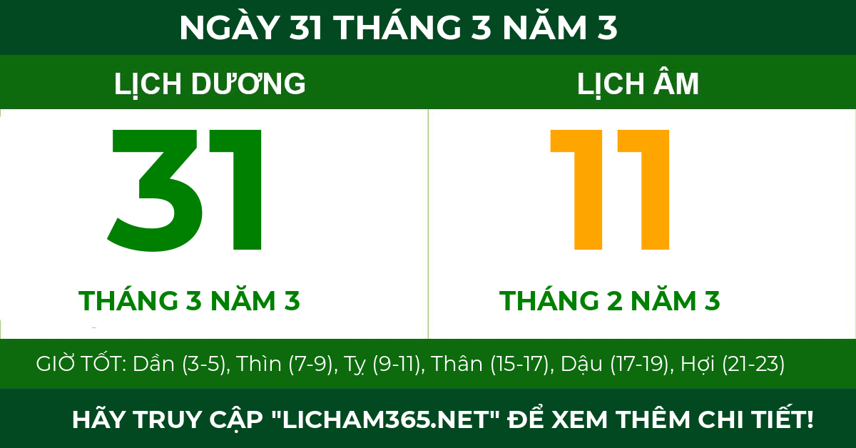 lịch âm ngày 31 tháng 3 năm 3