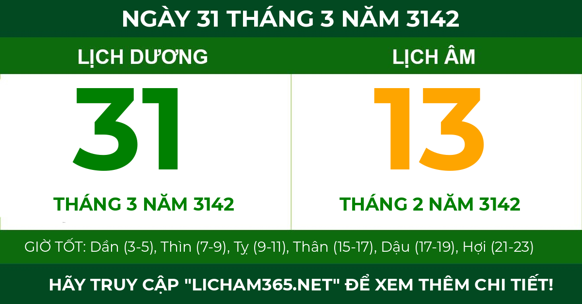 lịch âm ngày 31 tháng 3 năm 3142