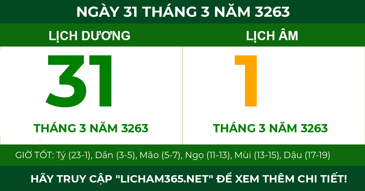 lịch âm ngày 31 tháng 3 năm 3263