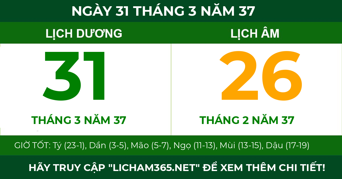 lịch âm ngày 31 tháng 3 năm 37