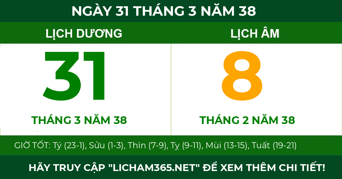 lịch âm ngày 31 tháng 3 năm 38