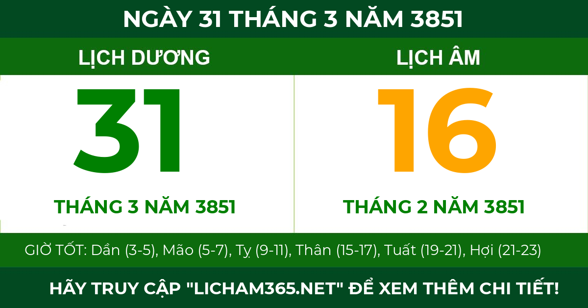 lịch âm ngày 31 tháng 3 năm 3851