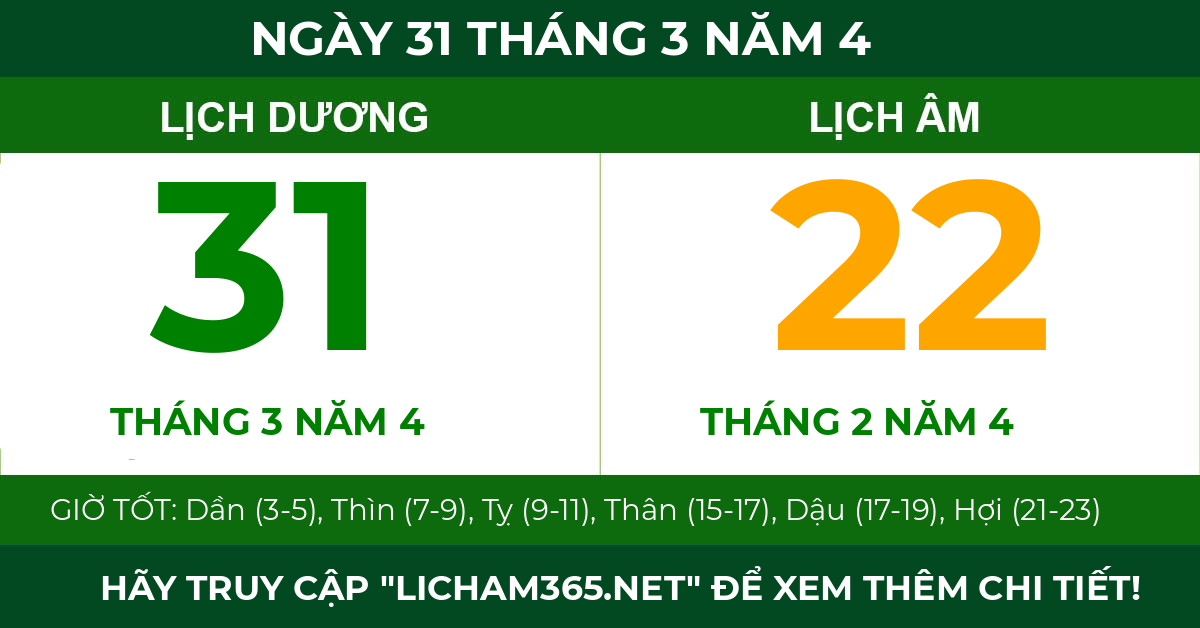 lịch âm ngày 31 tháng 3 năm 4