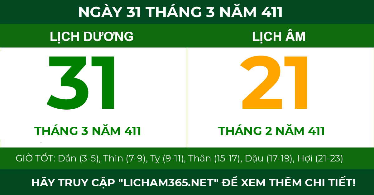 lịch âm ngày 31 tháng 3 năm 411