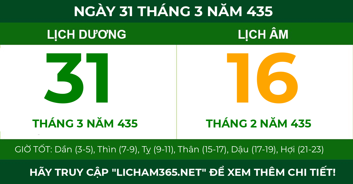 lịch âm ngày 31 tháng 3 năm 435