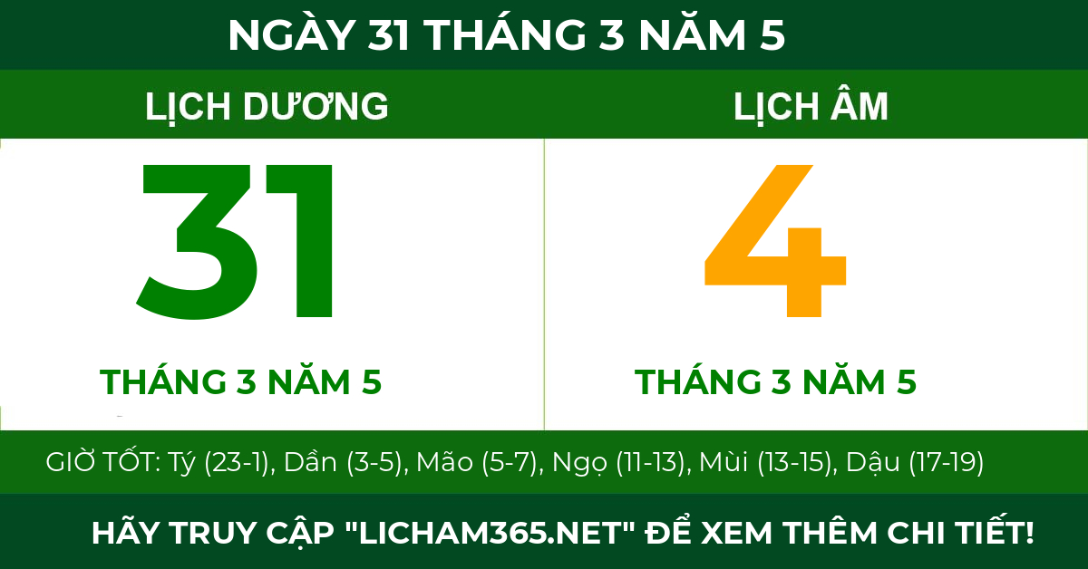 lịch âm ngày 31 tháng 3 năm 5