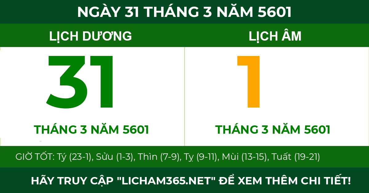 lịch âm ngày 31 tháng 3 năm 5601