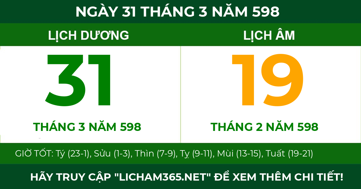 lịch âm ngày 31 tháng 3 năm 598