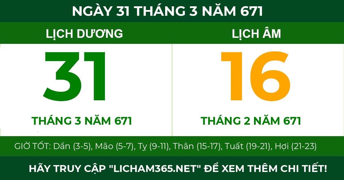 lịch âm ngày 31 tháng 3 năm 671