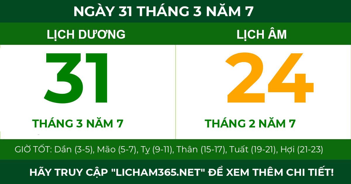 lịch âm ngày 31 tháng 3 năm 7