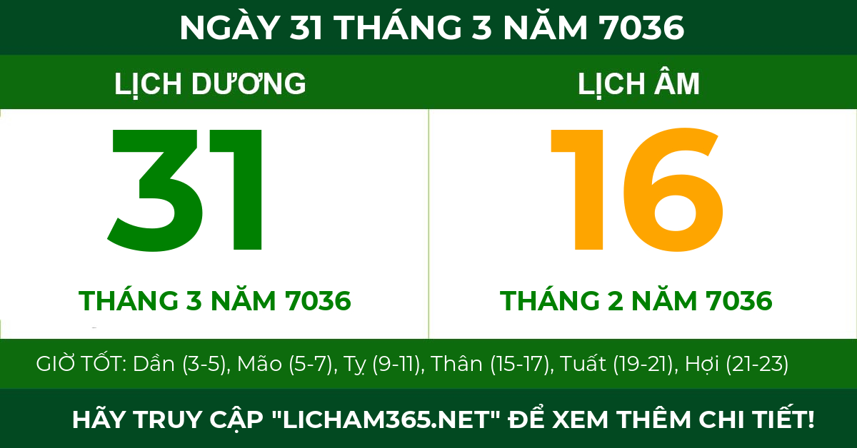 lịch âm ngày 31 tháng 3 năm 7036