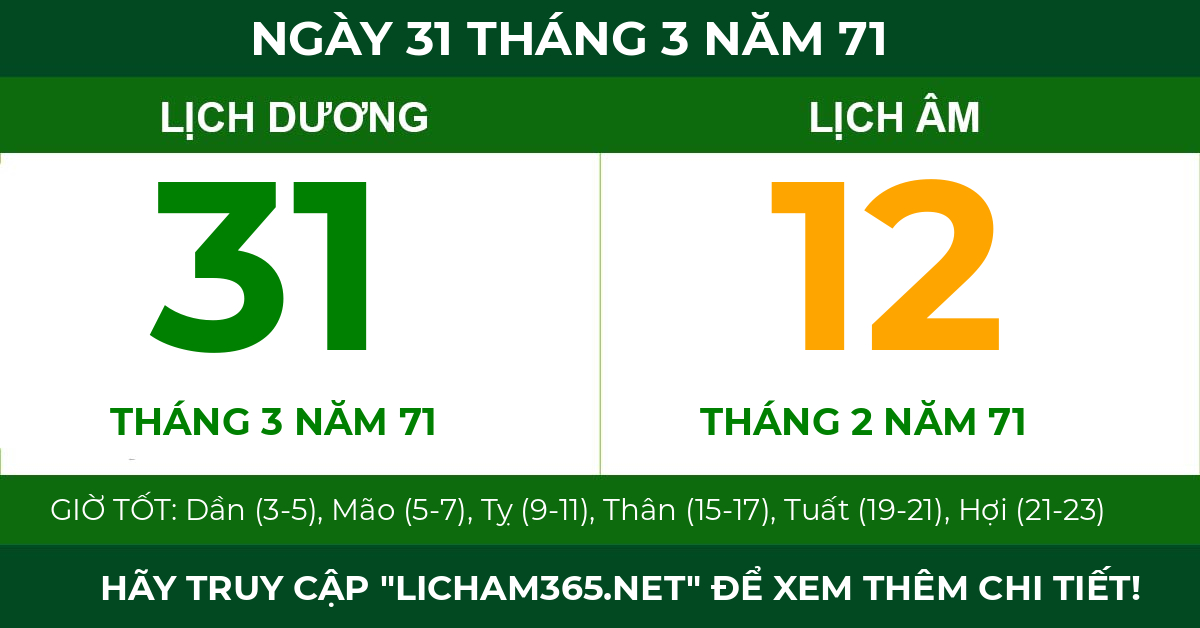 lịch âm ngày 31 tháng 3 năm 71