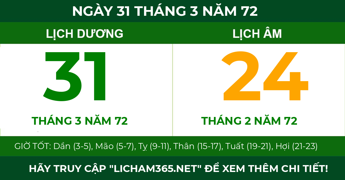 lịch âm ngày 31 tháng 3 năm 72