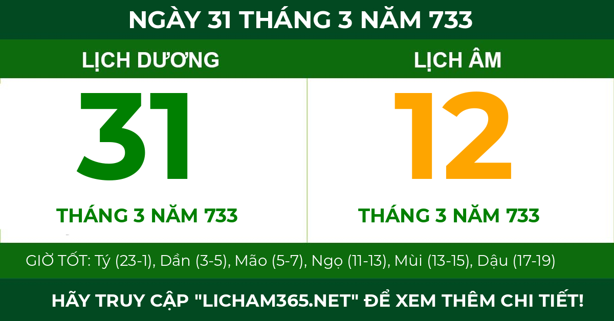 lịch âm ngày 31 tháng 3 năm 733