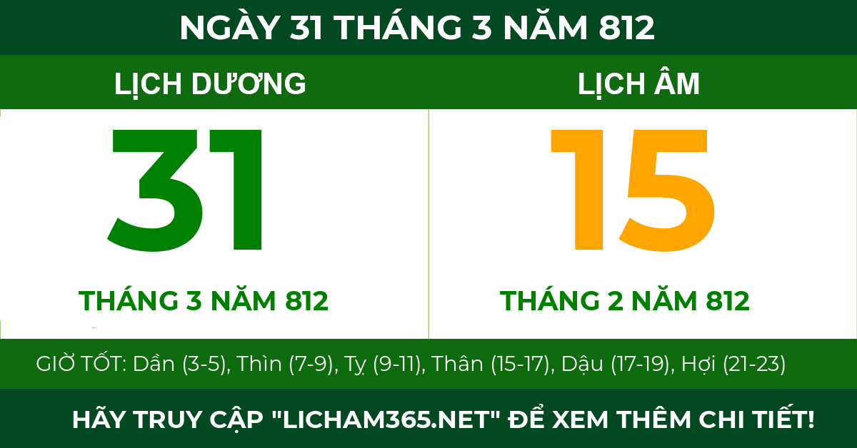 lịch âm ngày 31 tháng 3 năm 812