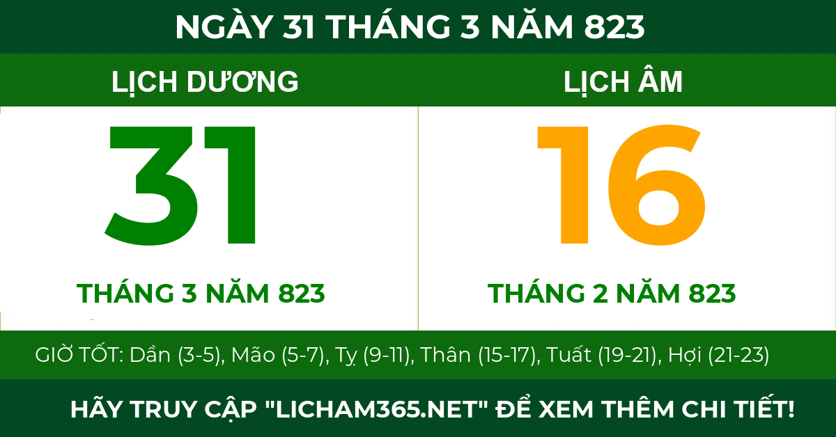 lịch âm ngày 31 tháng 3 năm 823