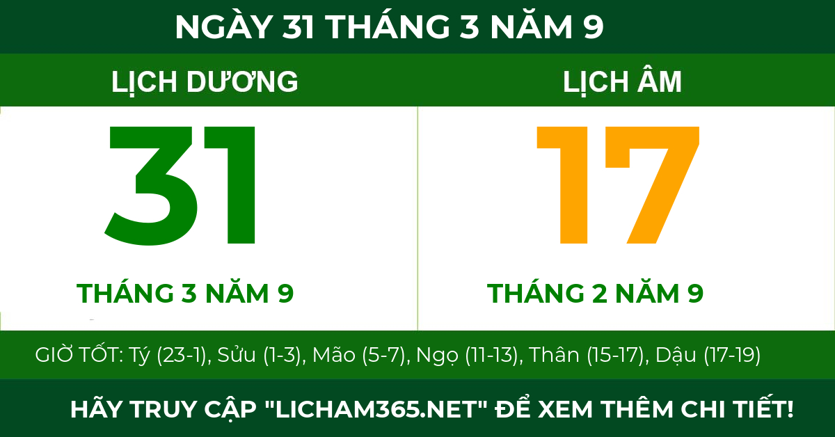lịch âm ngày 31 tháng 3 năm 9