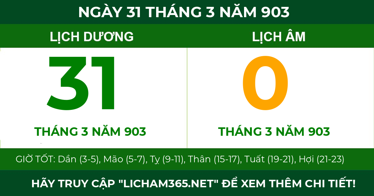 lịch âm ngày 31 tháng 3 năm 903