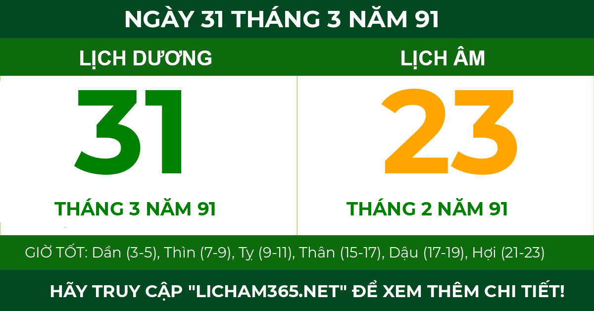 lịch âm ngày 31 tháng 3 năm 91