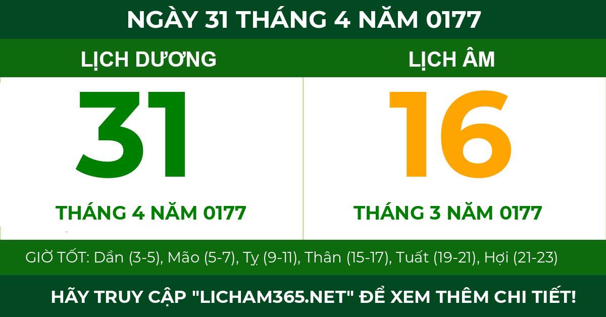 lịch âm ngày 31 tháng 4 năm 0177