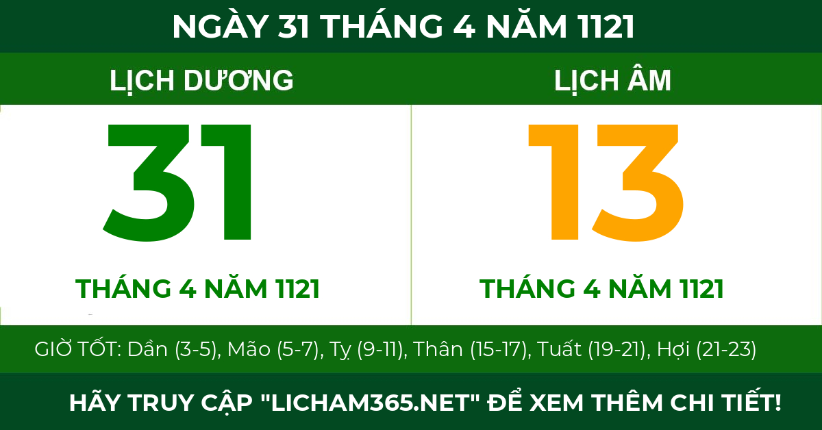 lịch âm ngày 31 tháng 4 năm 1121