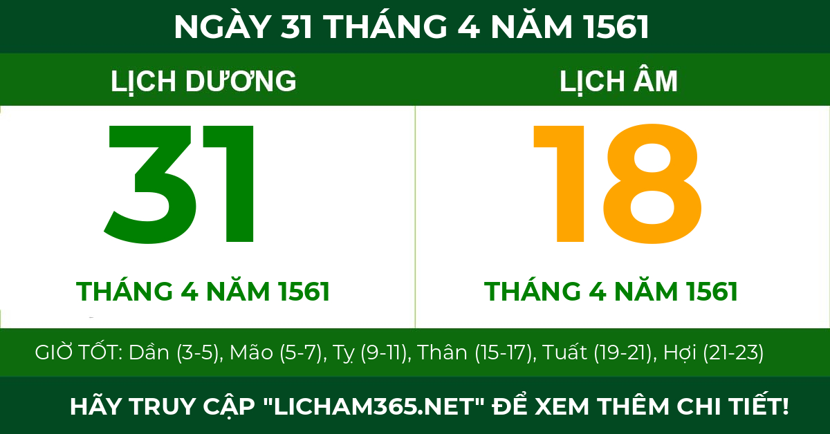 lịch âm ngày 31 tháng 4 năm 1561