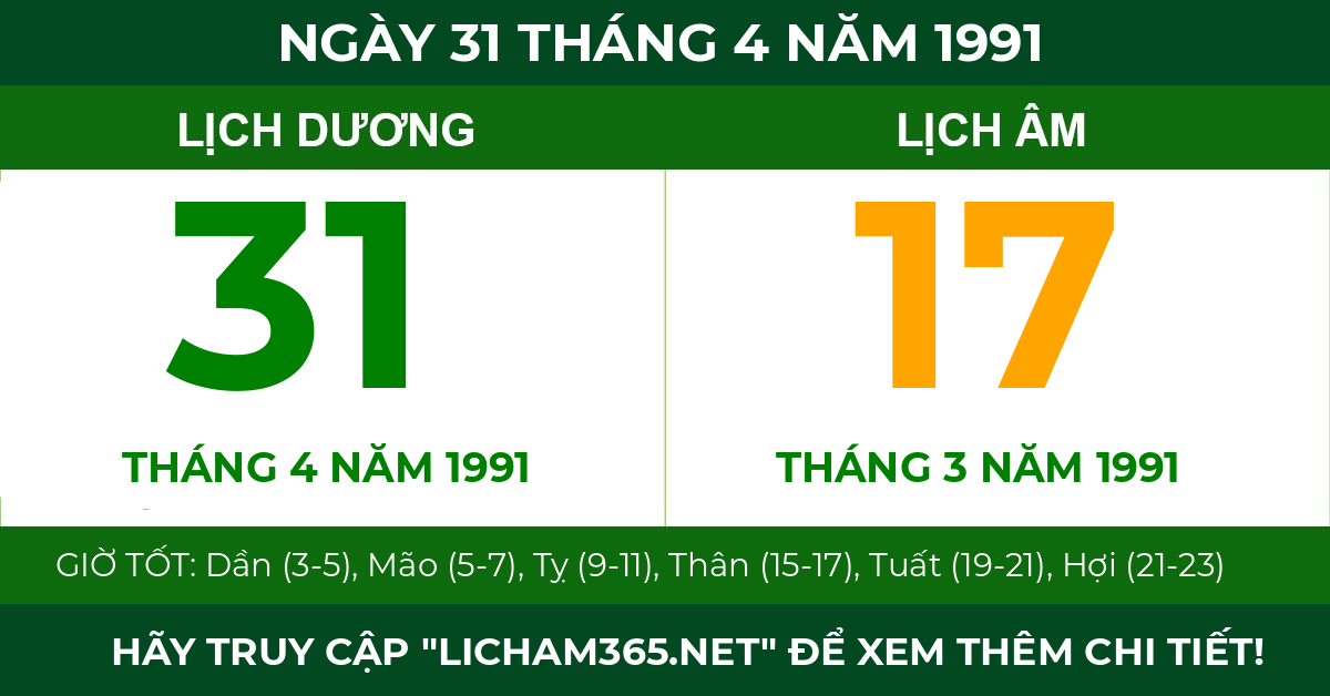 lịch âm ngày 31 tháng 4 năm 1991