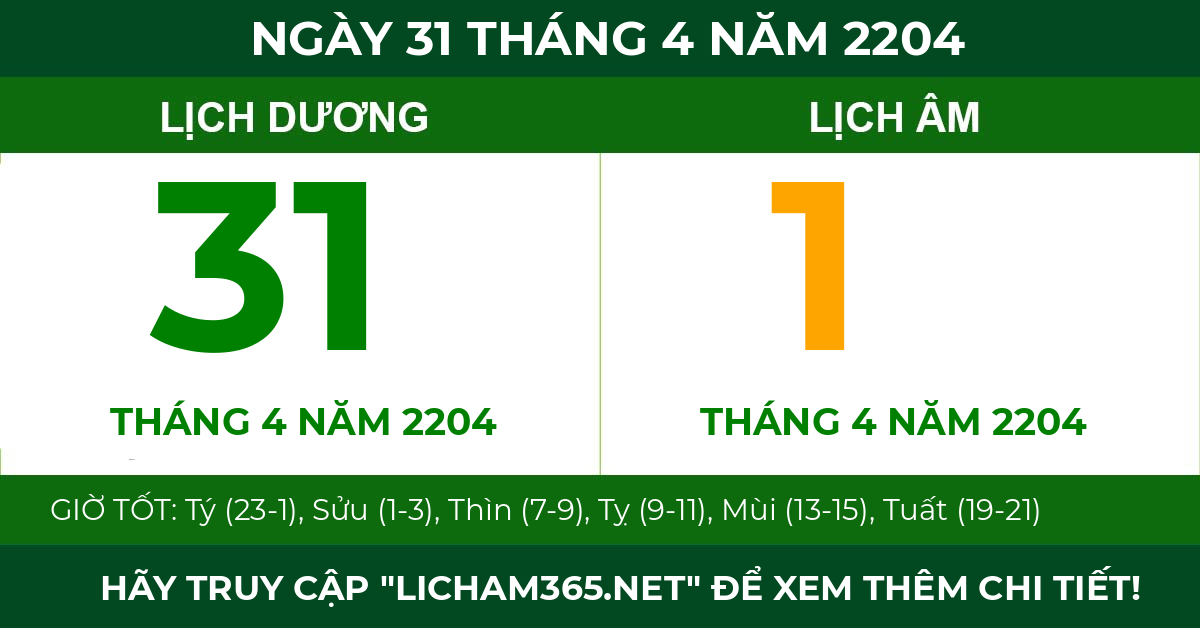 lịch âm ngày 31 tháng 4 năm 2204