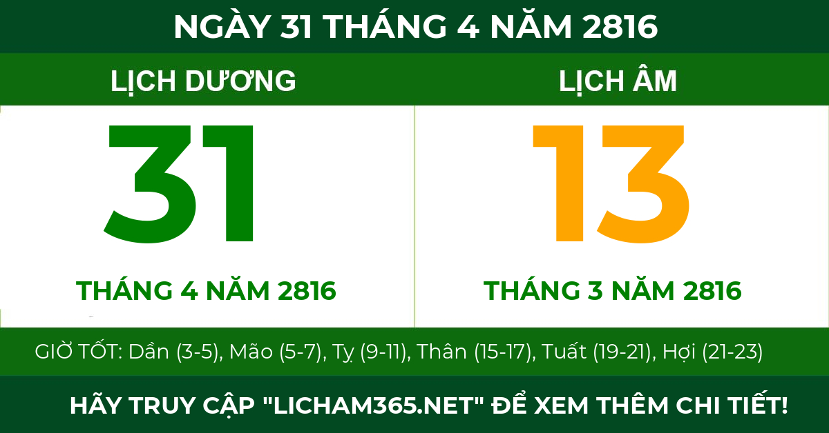 lịch âm ngày 31 tháng 4 năm 2816