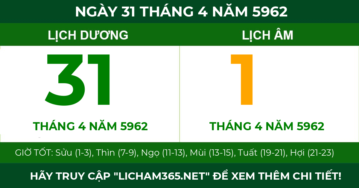 lịch âm ngày 31 tháng 4 năm 5962