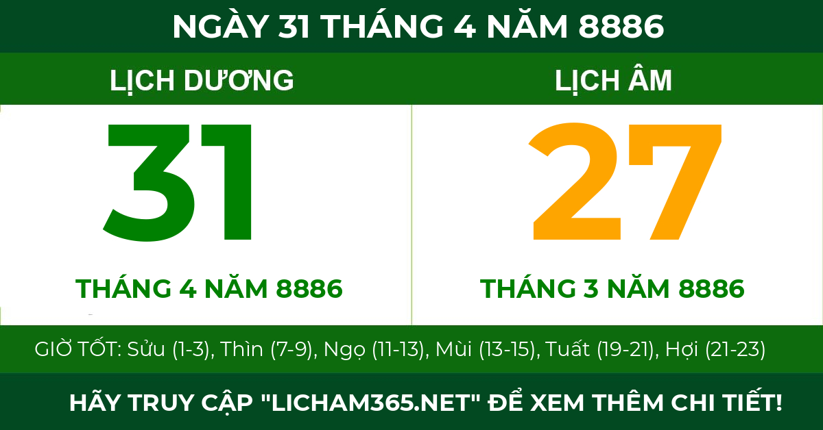 lịch âm ngày 31 tháng 4 năm 8886