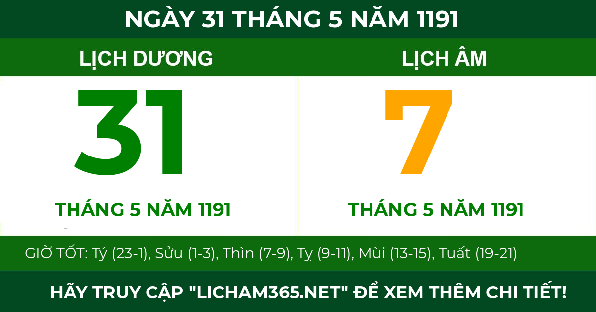 lịch âm ngày 31 tháng 5 năm 1191
