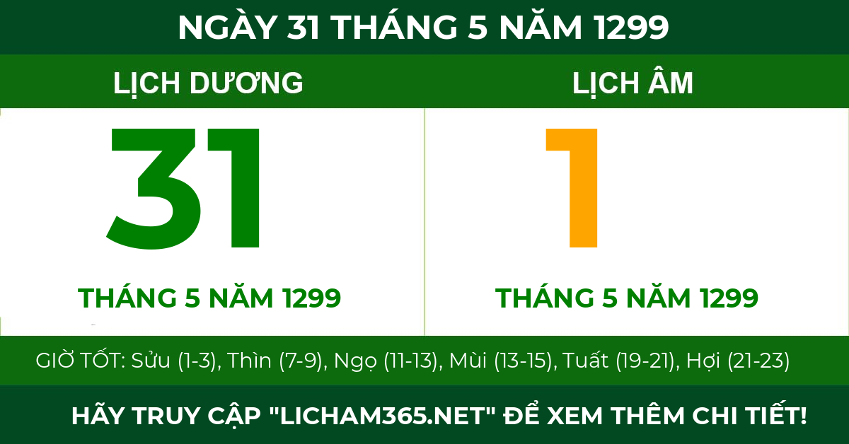 lịch âm ngày 31 tháng 5 năm 1299