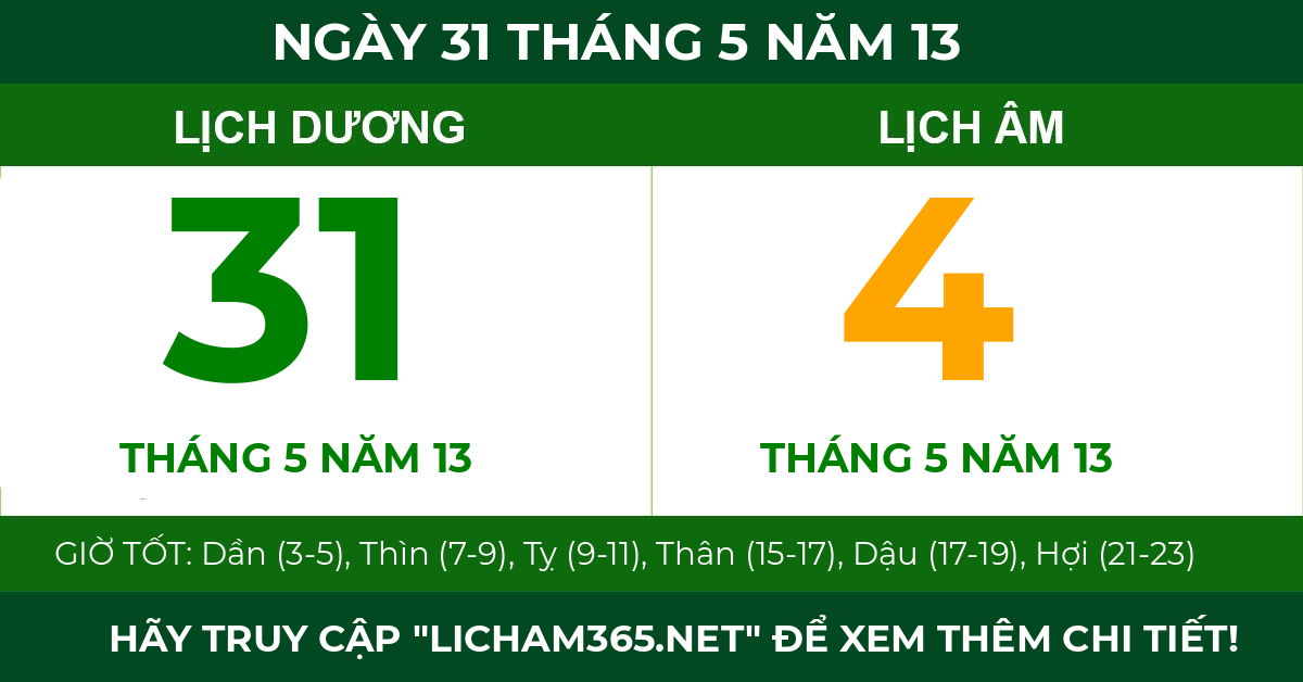 lịch âm ngày 31 tháng 5 năm 13