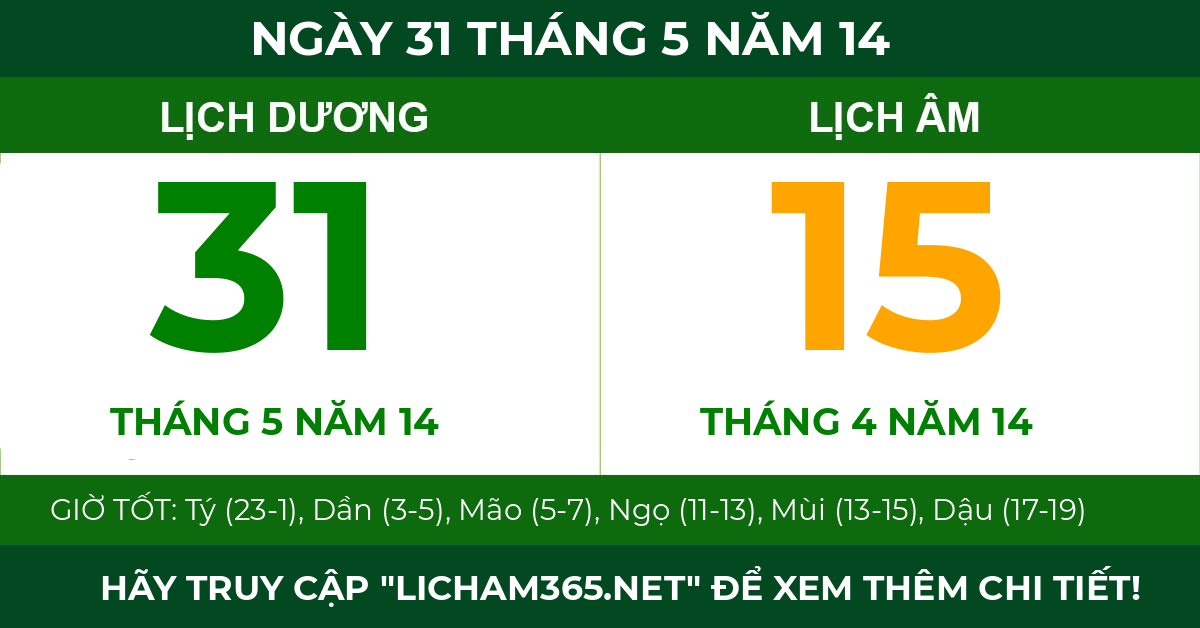 lịch âm ngày 31 tháng 5 năm 14