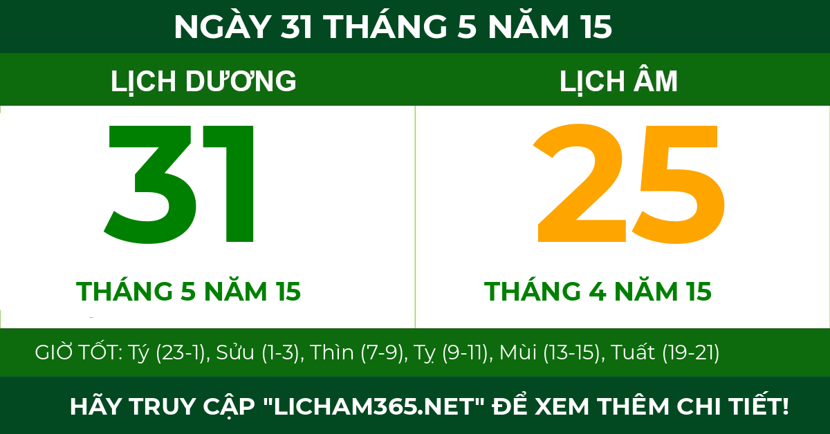 lịch âm ngày 31 tháng 5 năm 15
