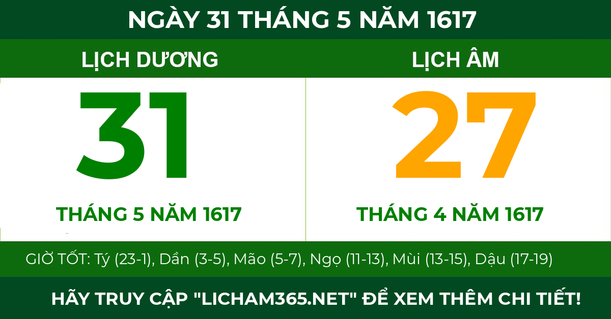 lịch âm ngày 31 tháng 5 năm 1617