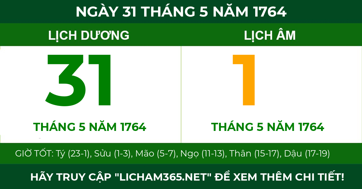 lịch âm ngày 31 tháng 5 năm 1764