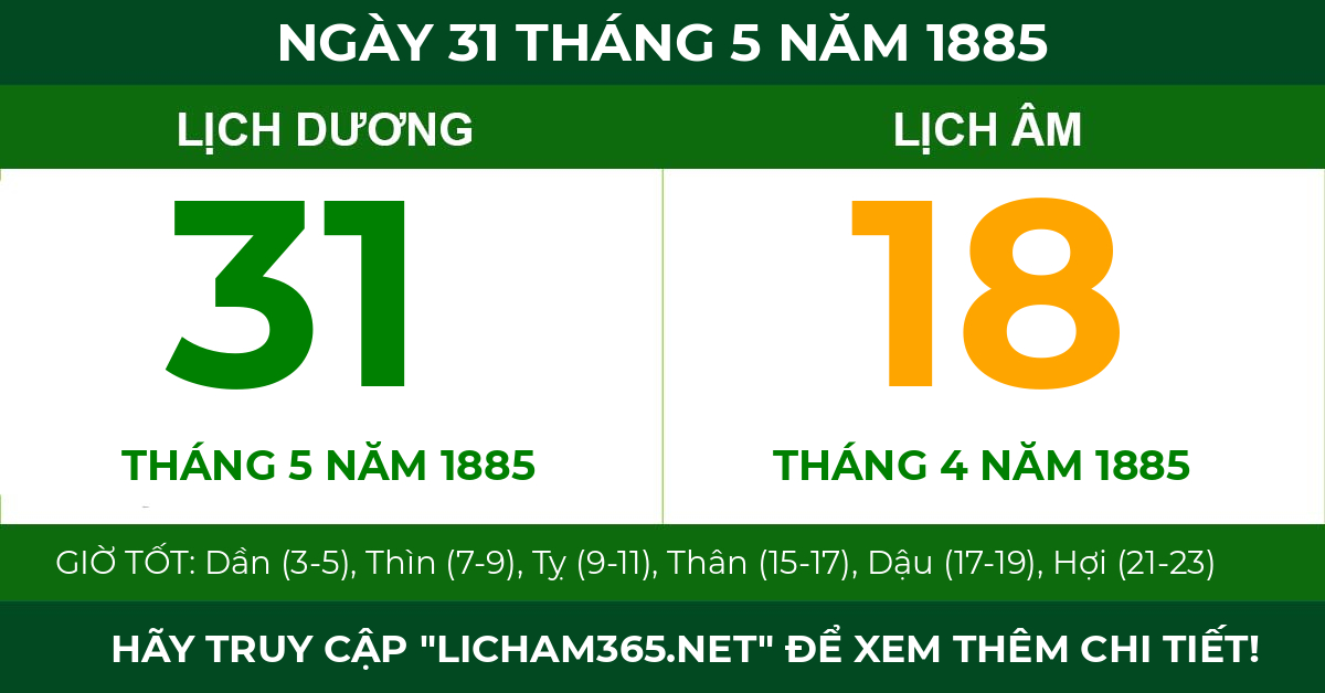 lịch âm ngày 31 tháng 5 năm 1885