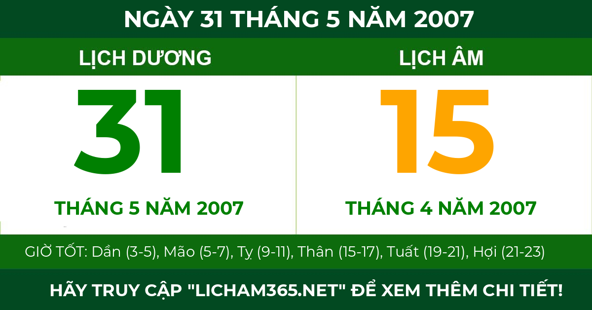 lịch âm ngày 31 tháng 5 năm 2007