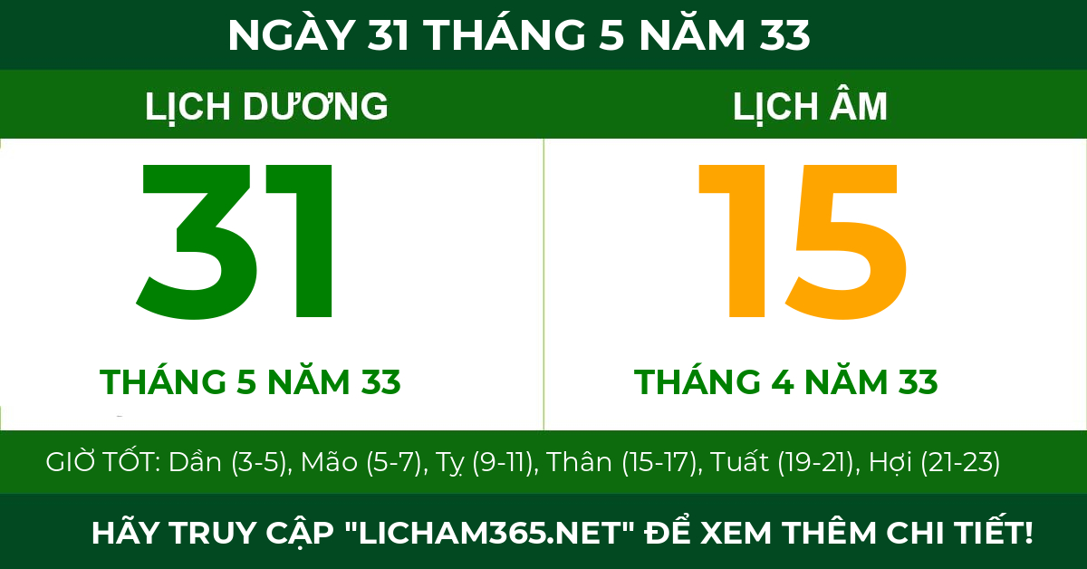 lịch âm ngày 31 tháng 5 năm 33