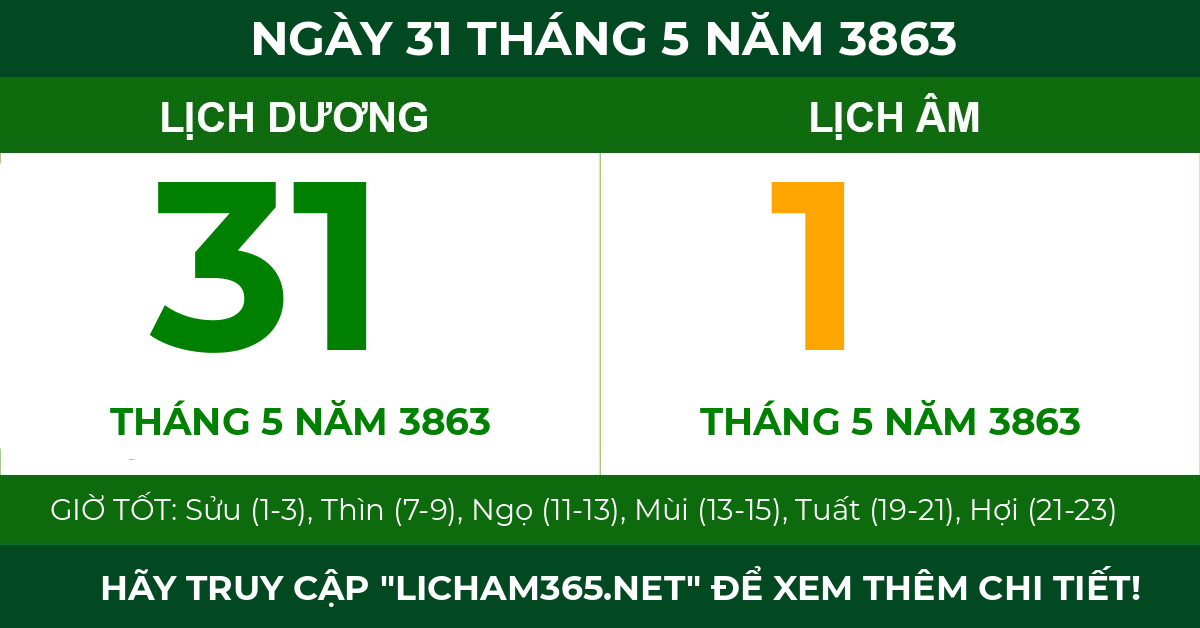 lịch âm ngày 31 tháng 5 năm 3863