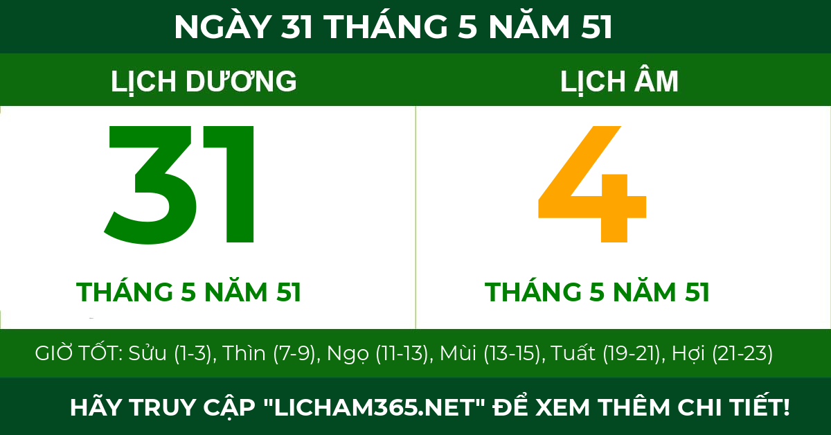 lịch âm ngày 31 tháng 5 năm 51